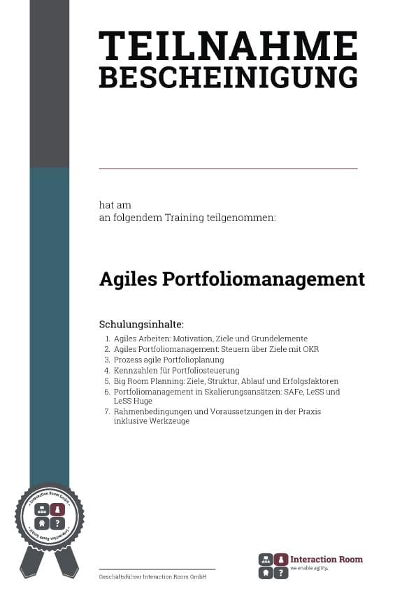 Teilnahmeschein Agiles Portfoliomanagment